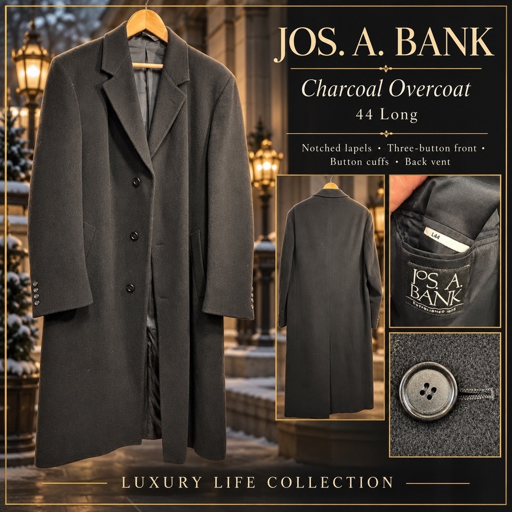 Jos A Bank Mens Black Long Overcoat Wool Blend Topcoat XL Vintage Old College
